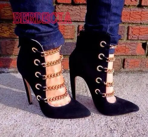 Fashion Apricot/Suede Leather Women Boots Sexy Point Toe Gold Chain Straps Ladies High Heel Boots Spring Hot Ankle Boots