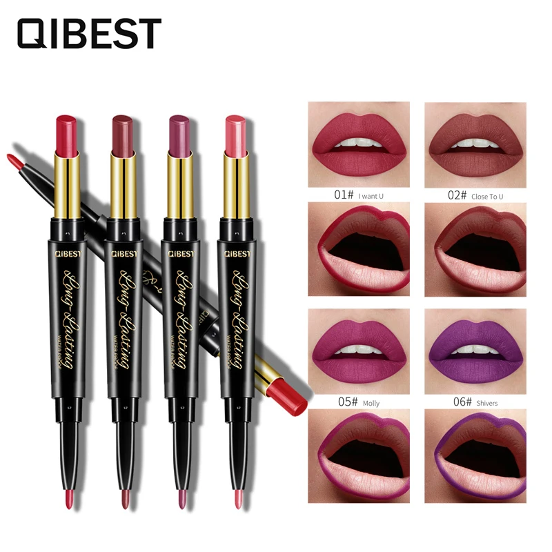 

QiBest Brand Nutritious Matte Lipstick Pen Double Headed Velvet Waterproof Sexy Batom Mate Makeup Long Lasting Lip Stick Pencil