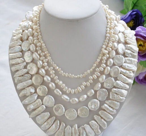 

ddh003039 5row WHITE BAROQUE RICE BIWA COIN FRESHWATER pearl necklace N Discount (A0329)