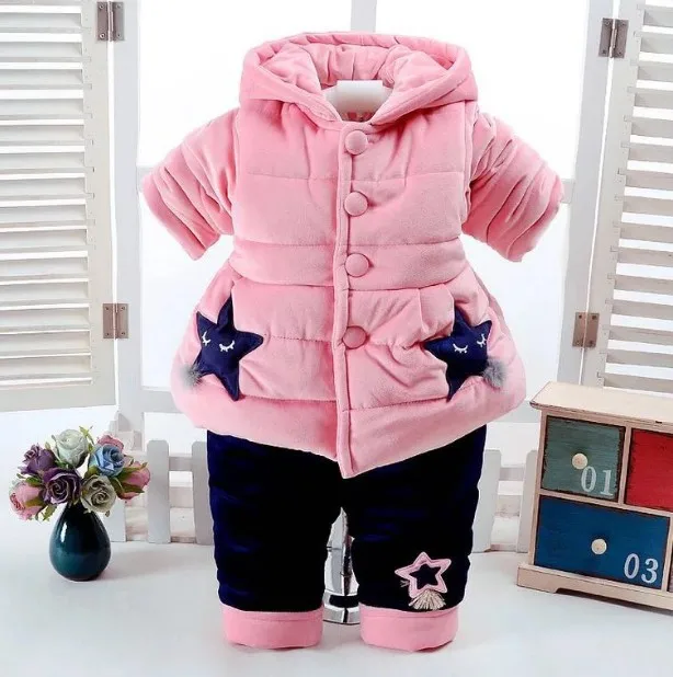  new 2017 winter baby girl cotton-padded thicken warm coat+pant clothing sets 2pcs baby girl comfort