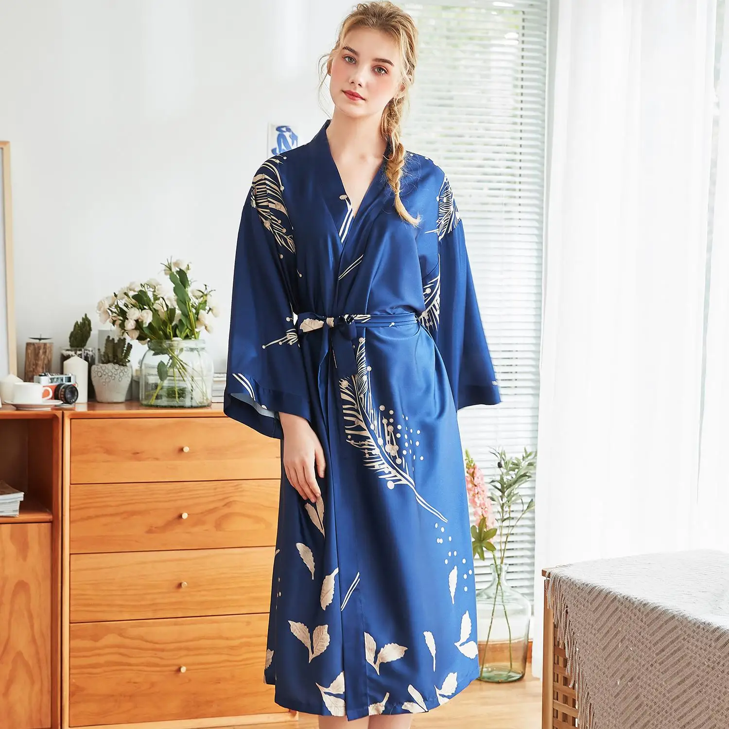 M-xxl новое летнее кимоно халат женская вискоза банное платье юката печать Ночная рубашка ночные рубашки, ночное белье Pijama Mujer - Цвет: Long - Navy Blue