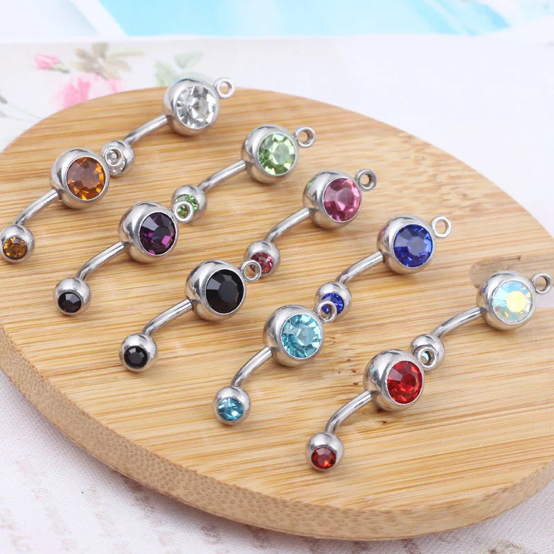 

50/100/200pcs/lot vertical Hoop Add Your Own Charm Belly Ring mixed color body jewelry Double Gem Navel ring.Belly Button Rings