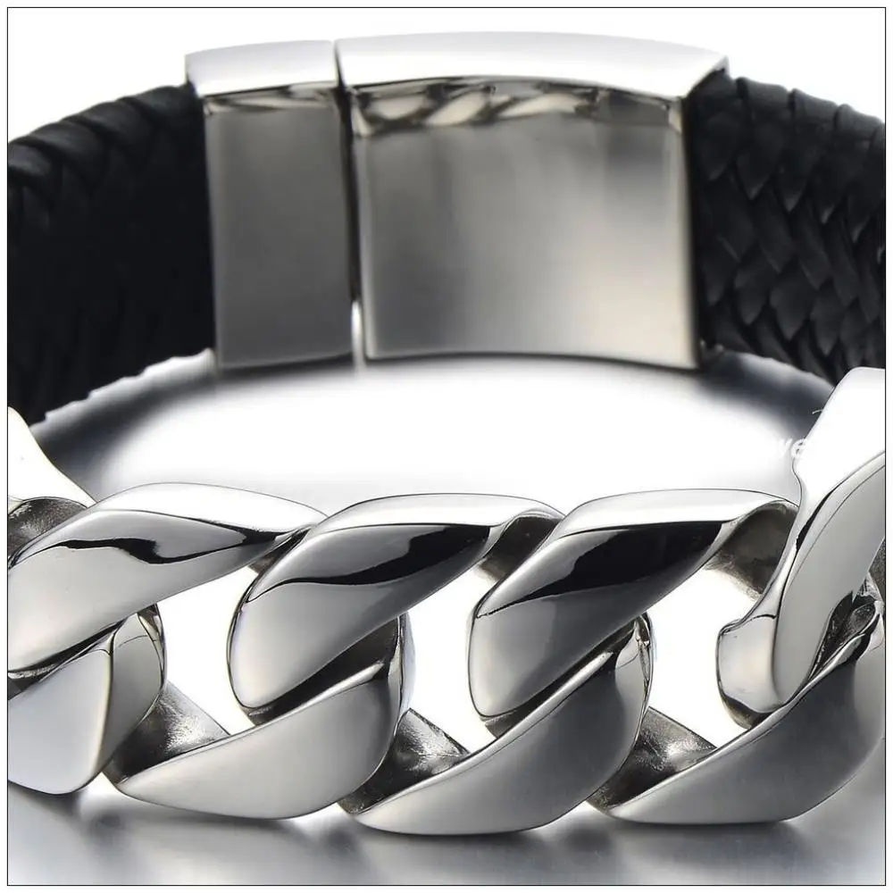 

23cm*24mm New Heavy Jewelry 316L Stainless Steel Silver Color Chain Black Genuine Leather Bracelets Bangles For Men Boy
