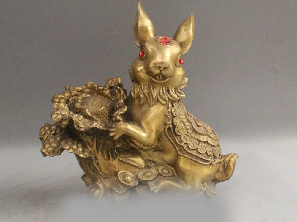 

11.5"Chinese Fengshui Brass Fu Wealth Zodiac Rabbit Cabbage Statue Sculpture