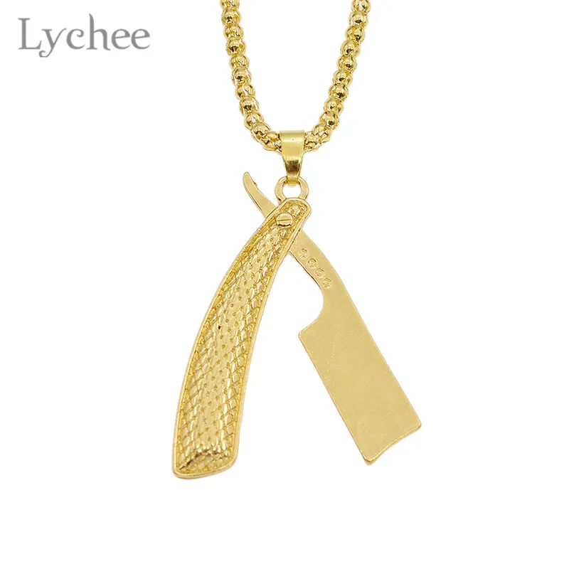 Lychee Alloy Barber Salon Razor Pendant Necklace Gold Color Beads Chain