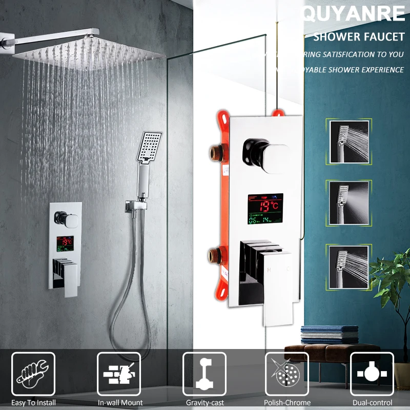 Quyanre светодиодный цифровой Дисплей душа Установить дождь Насадки для душа 3-способ Handshower цифровой Дисплей смесителя Ванная комната смеситель для душа