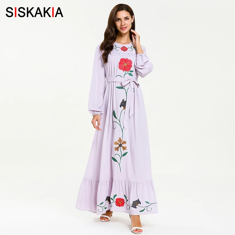 

Siskakia Muslim Sweet Ladies Ramadan Prayer Clothes Light Purple Floral Embroidery Maxi Long Dress Ruffles Swing Slim Sash Arab