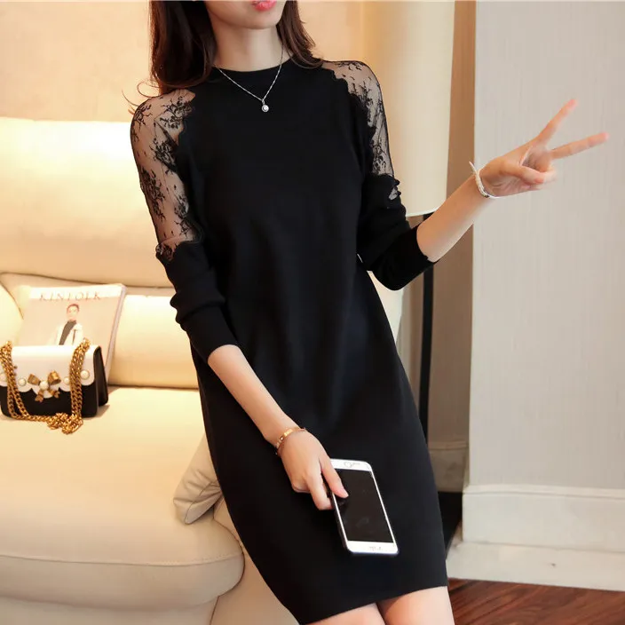 

Winter Sweater Dresses For Women Autumn Casual O-neck Full Sleeve Lace Patchwork Long Pullovers Pure Color Robe Knitted Dress
