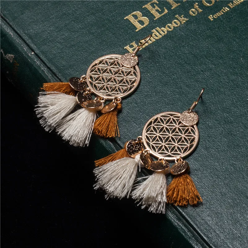 Gold color round sequins boho ethnic tassel drop earrings Women ladies fashion earring bohemia statement vintage wedding