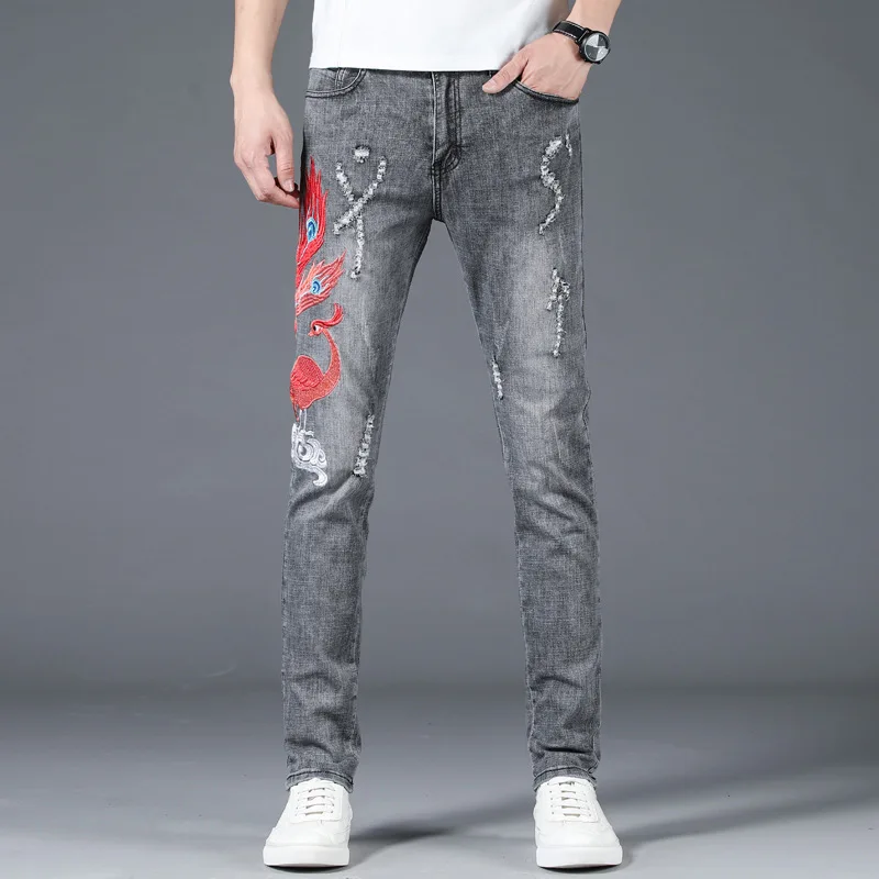 

Men Jeans Stretch Skinny Red Phoenix Embroidery Distressed Pencil Pants Slim Denim Male Cowboy Washed Full Length Jeans
