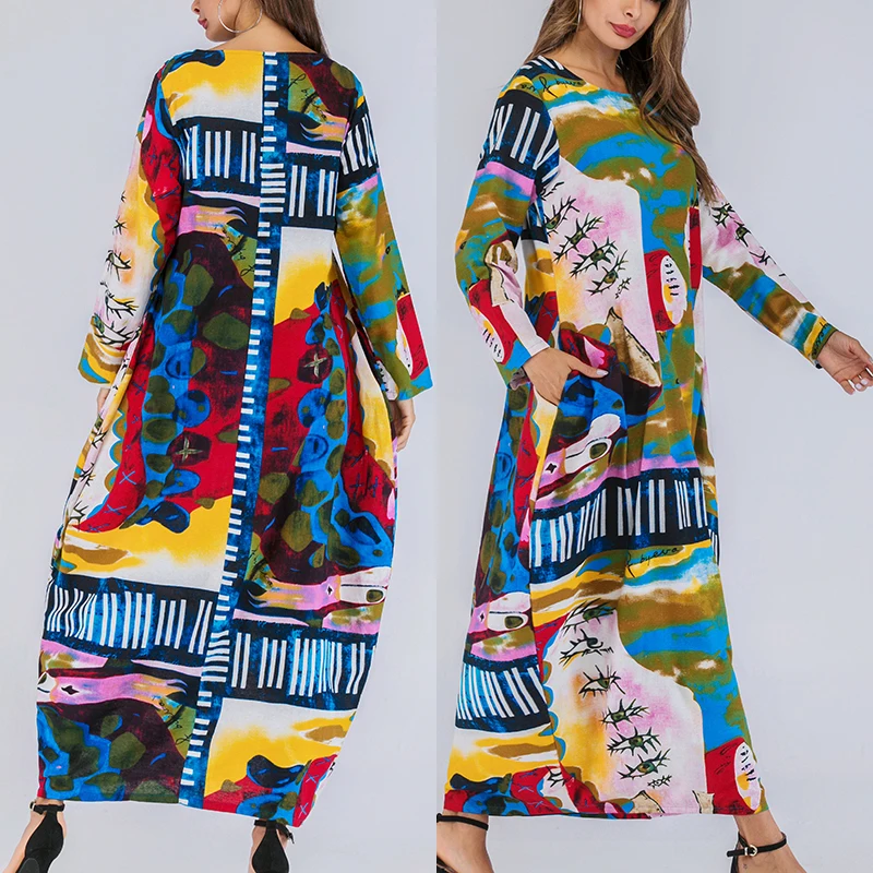 

Summer Women Loose Dress Oversize Printed Round Neck Long Sleeve Pockets Maxi Dresses Holiday Beach Long Dress