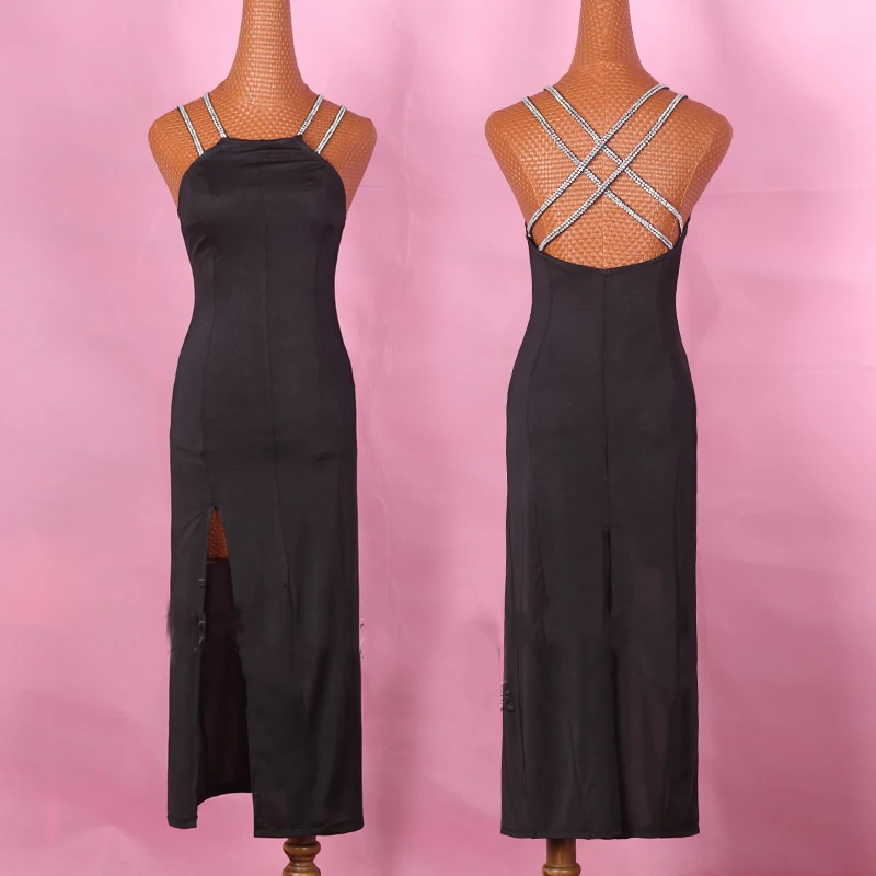 

New Black Latin Dresses For Women Long Dress Rhinestone Belt Strapless Tango Dress Ballroom Dance Competition Dresses BL1895