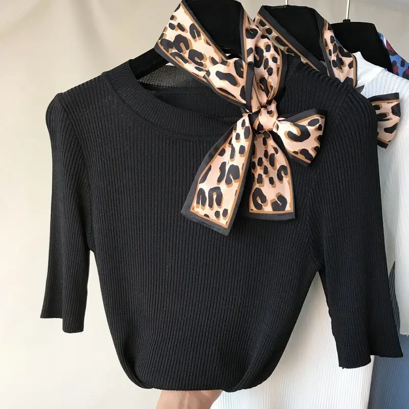 

Amolapha Women Summer Soild Ribbon Half Sleeve Knitted Think Pullover Sweaters