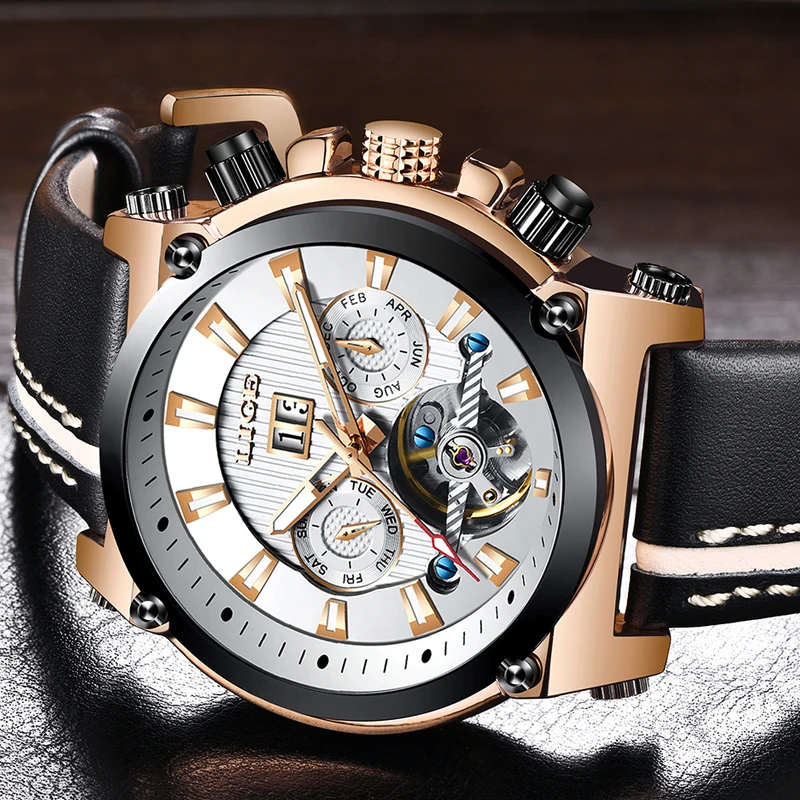 ييج الأزياء الرجال الساعات أعلى العلامة التجارية الفاخرة الأعمال للماء الميكانيكية ووتش رجال جلدية التلقائية ووتش Relogio Masculino + مربع