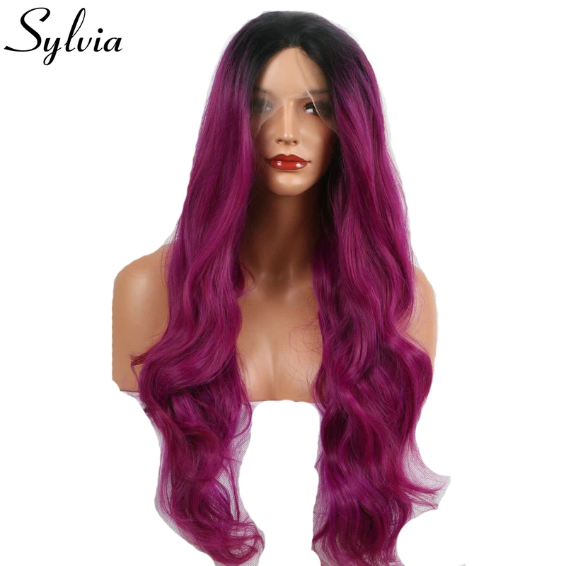 Sylvia смешанные фиолетовые объемные локоны переливчатого цвета синтетические парики на шнурках Спереди Темно-корни длинные фиолетовые термостойкие волокна для женщин