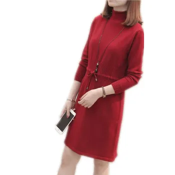 

2018New Autumn Winter Women Sweater Pullovers Mini Dress Female Turtleneck Long Sleeve Women Knitted Dress With Belt Top CQ2398