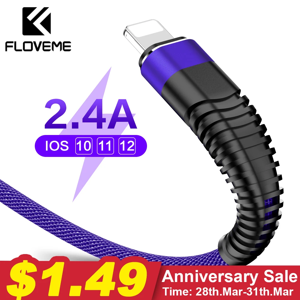 FLOVEME 2.4A USB Cable For iPhone X 7 Cable For Lightning To USB Charger Charging Cable Data Nylon Braid Lighting Cable For iPad