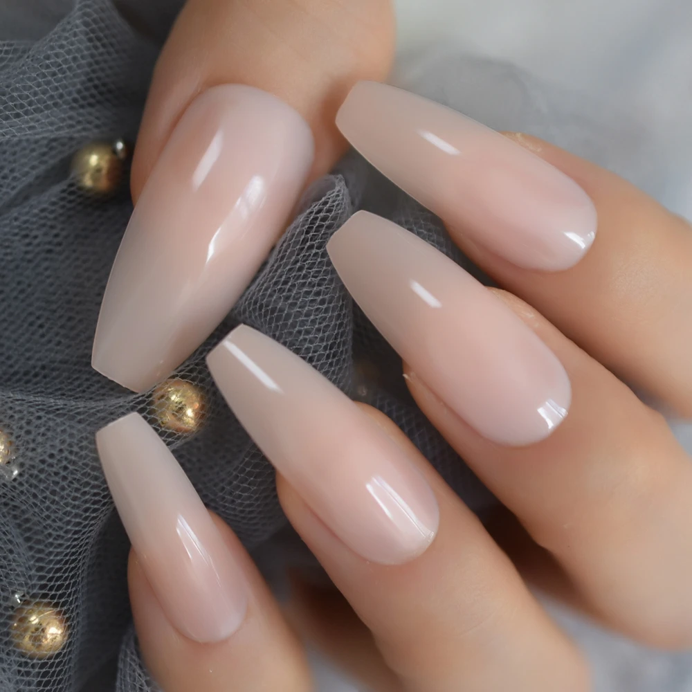  Nude Extra Long Fake Nails Coffin Full Cover Glossy False Nail Long Ballerina Nails with Glue Stick