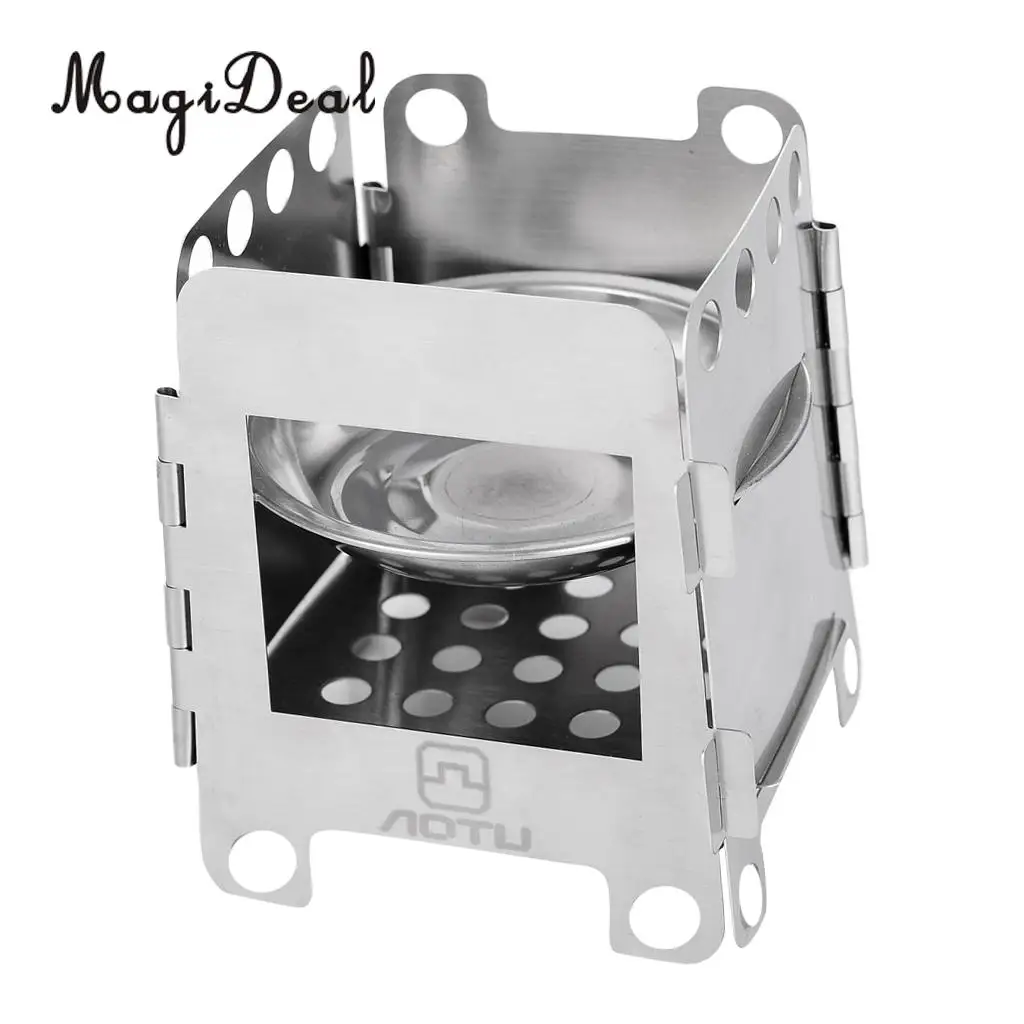 MagiDeal Camping Stove Stainless Steel Folding Wood Stove Alcohol Burner Pocket Compact Foldable Stove Outdoors Small Tools