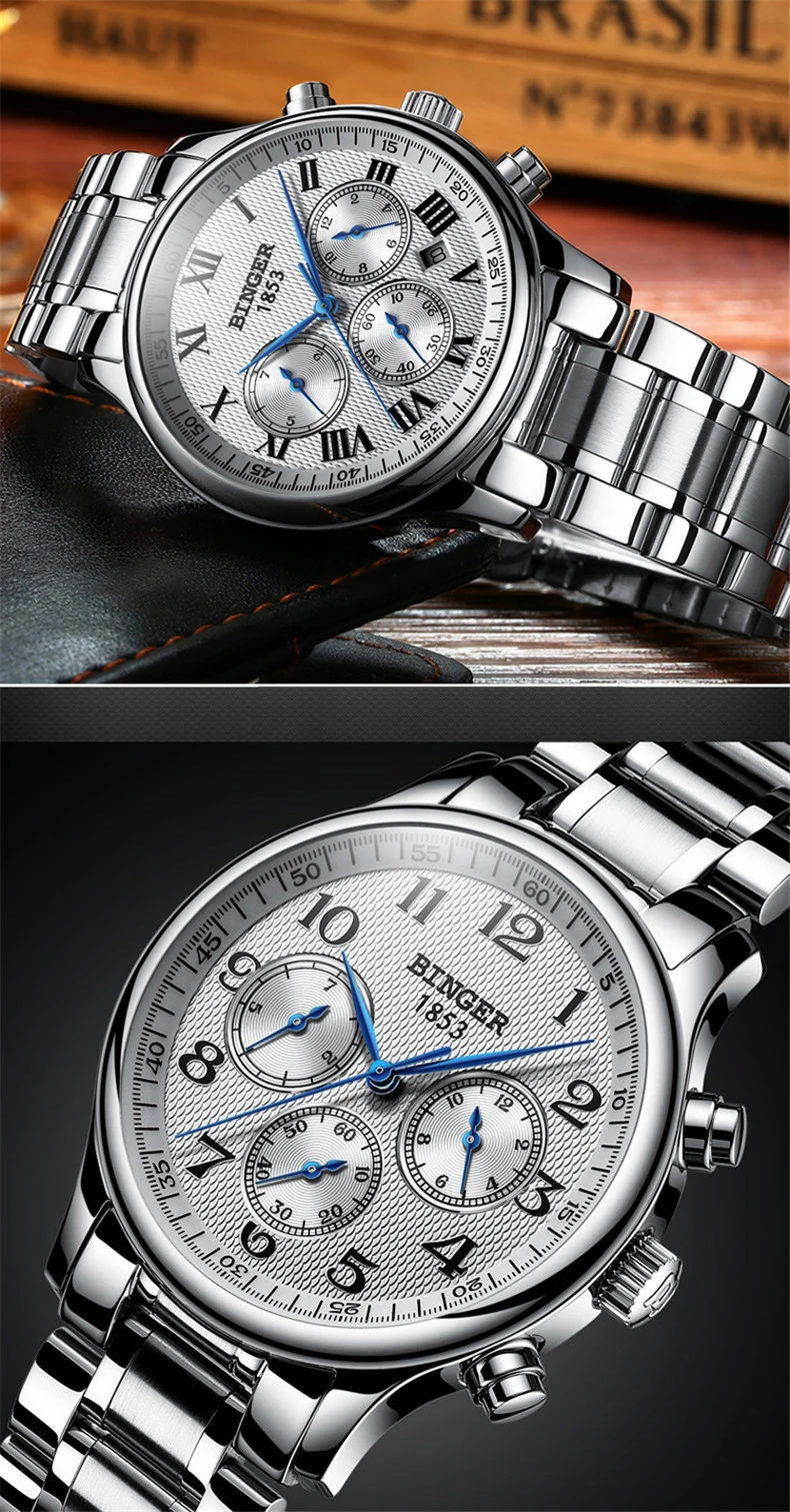 Швейцарские BINGER механические часы для мужчин s лучший бренд класса люкс нержавеющая сталь шесть игл три небольших циферблата автоматические часы для мужчин
