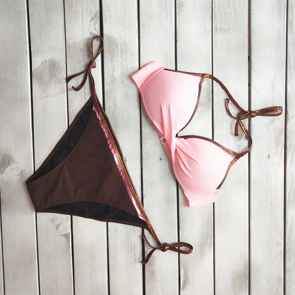 Сексуальное Бандажное мини бикини с лямкой через шею без бретелек, купальный костюм, розовый купальник, Дамский танкини, купальные костюмы для женщин, пляжная одежда