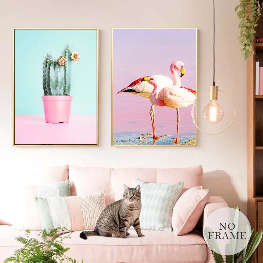 Flamigo Pink Ocean Cactus Nordic Poster&Print Modern Canvas Painting Wall Picture For Bedroom Abstract Wall Art Mural Home Decor (3)