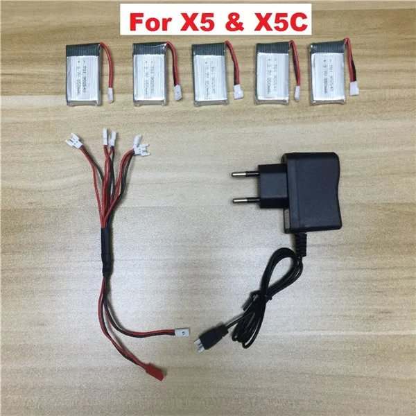 Teeggi 850mAh 3,7 V LiPo батарея+ евро вилка AC зарядное устройство для SYMA X5C X5 X5SW X5HW X5HC RC Дрон Квадрокоптер запасные части батареи - Цвет: 5x850 X5C