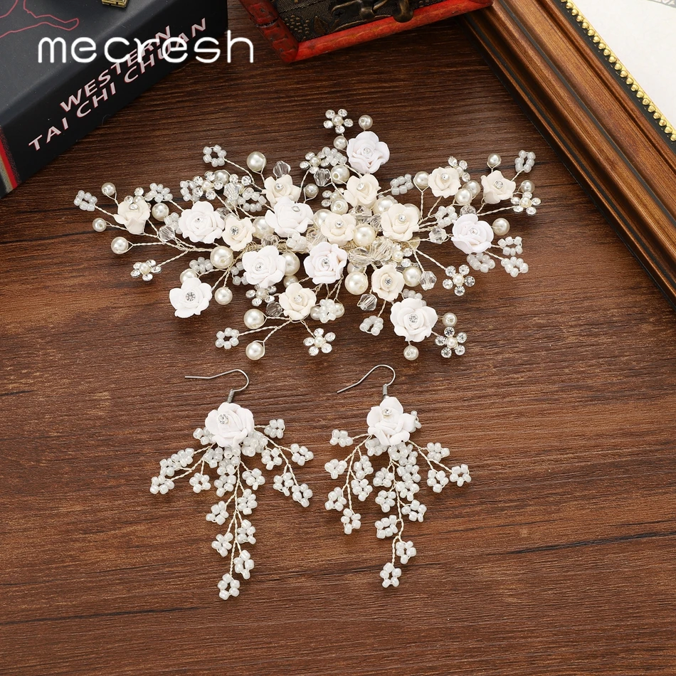 Mecresh белый цветок свадебный гребень для волос для невесты искусственный жемчуг кристалл гребень для волос ручной работы серьги набор женские аксессуары FS188