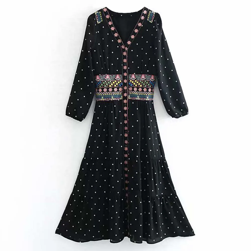 

ANSFX 2019 Bohemian Vintage Ethnic Floral Print Embroidery Polka Dot Fashion Women V-Neck Long Sleeve Long Beach A-Line Dress