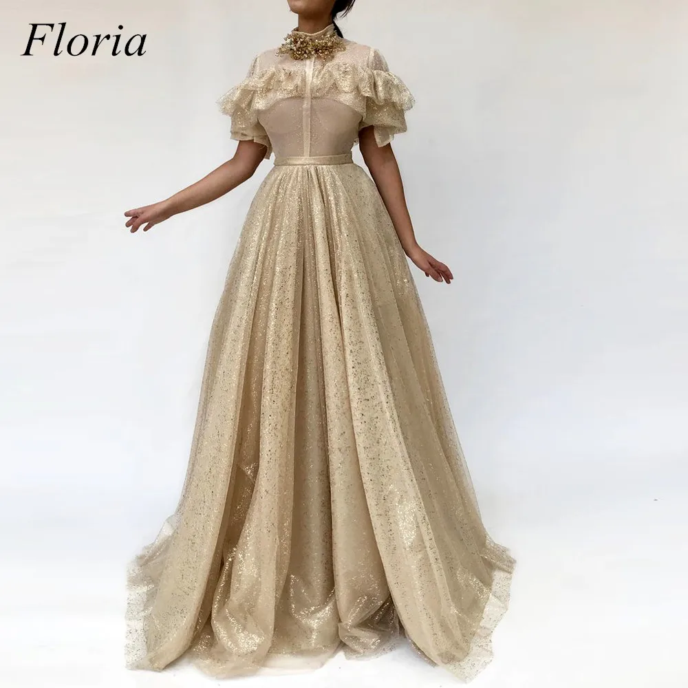 

2019 New Plus Sparkly Muslim Celebrity Dresses A-Line Long Tulle High Neck Zipper Back Bling Evening Red Carpet Gowns With Pearl