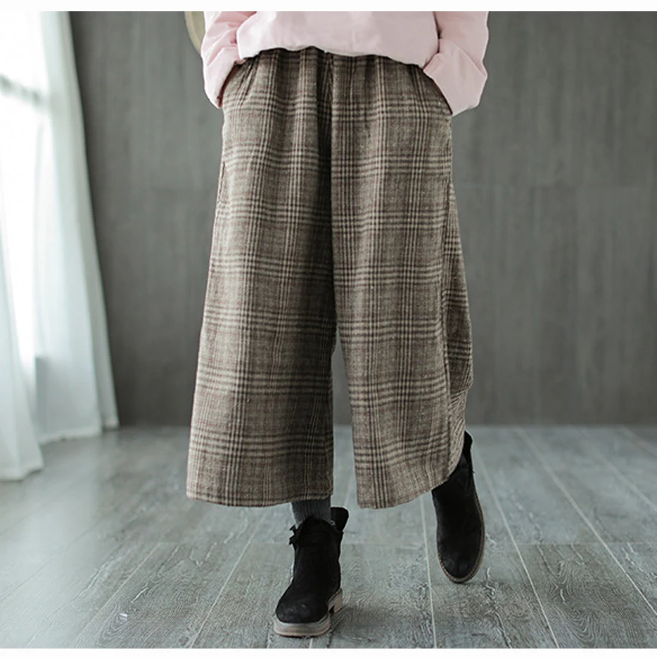 Женские шерстяные широкие брюки для дам Толстые свободные пледы негабаритные Ретро Винтажные повседневные для осени зимы 81967