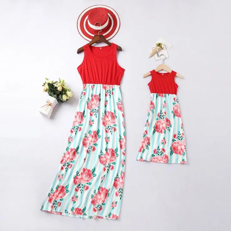 

floral print mother daughter matching dresses family look mommy and me clothes sleeveless mom mum and baby dress family outfits