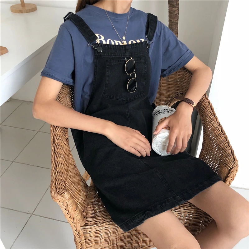 PLAMTEE Vintage Women Straps Denim Dress with Pocket Solid Loose Waist Lady Summer Jeans Dress Mini Jeans Vestidos Preppy Style