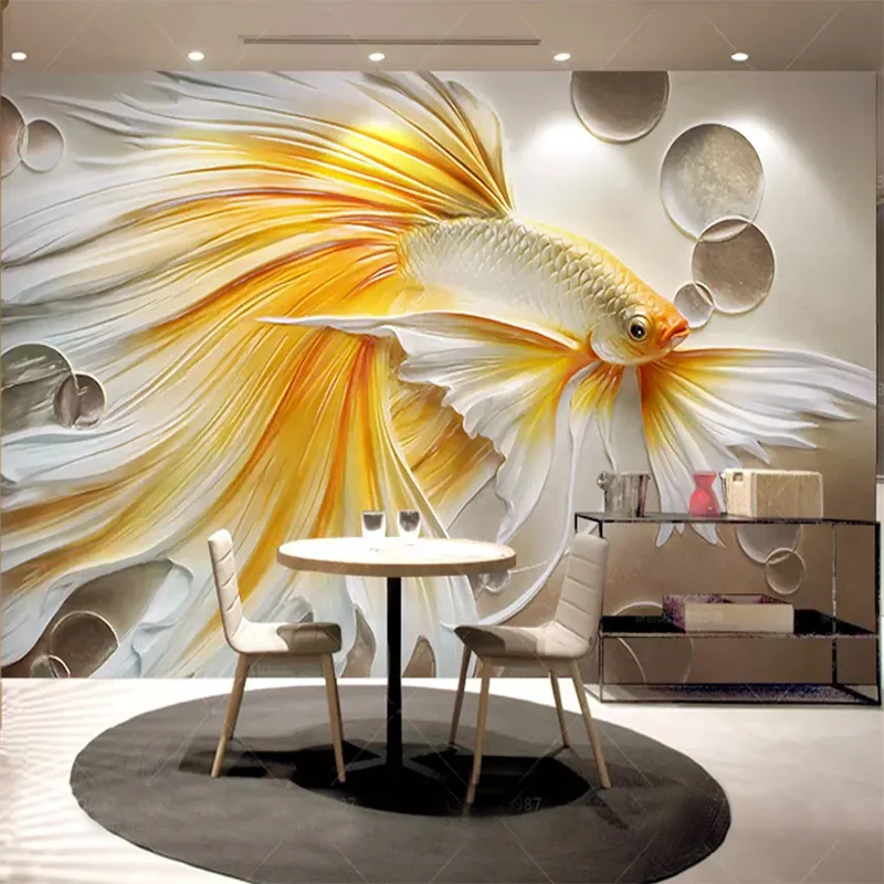 

Custom Wall Cloth European 3D Three-dimensional Gold Embossed Goldfish Photo Wall paper Roll Living Room Mural Home Decoration