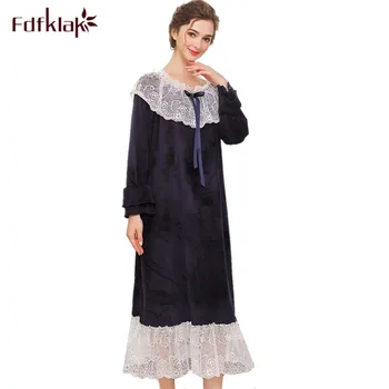 

Fdfklak New long nightdress women velvet warm night dress casual women's nightgowns spring autumn nightshirt female sleepwear