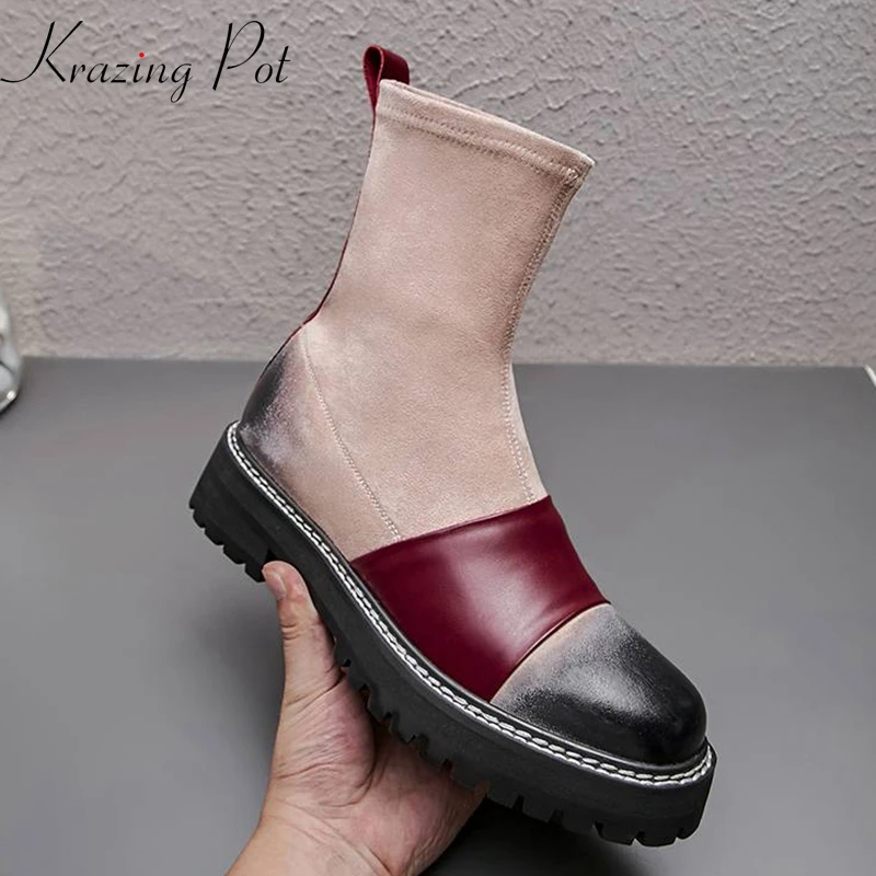 

Krazing Pot natural cow leather round toe thick heels mixed color Western British preppy style stretch stovepipe ankle boots L96