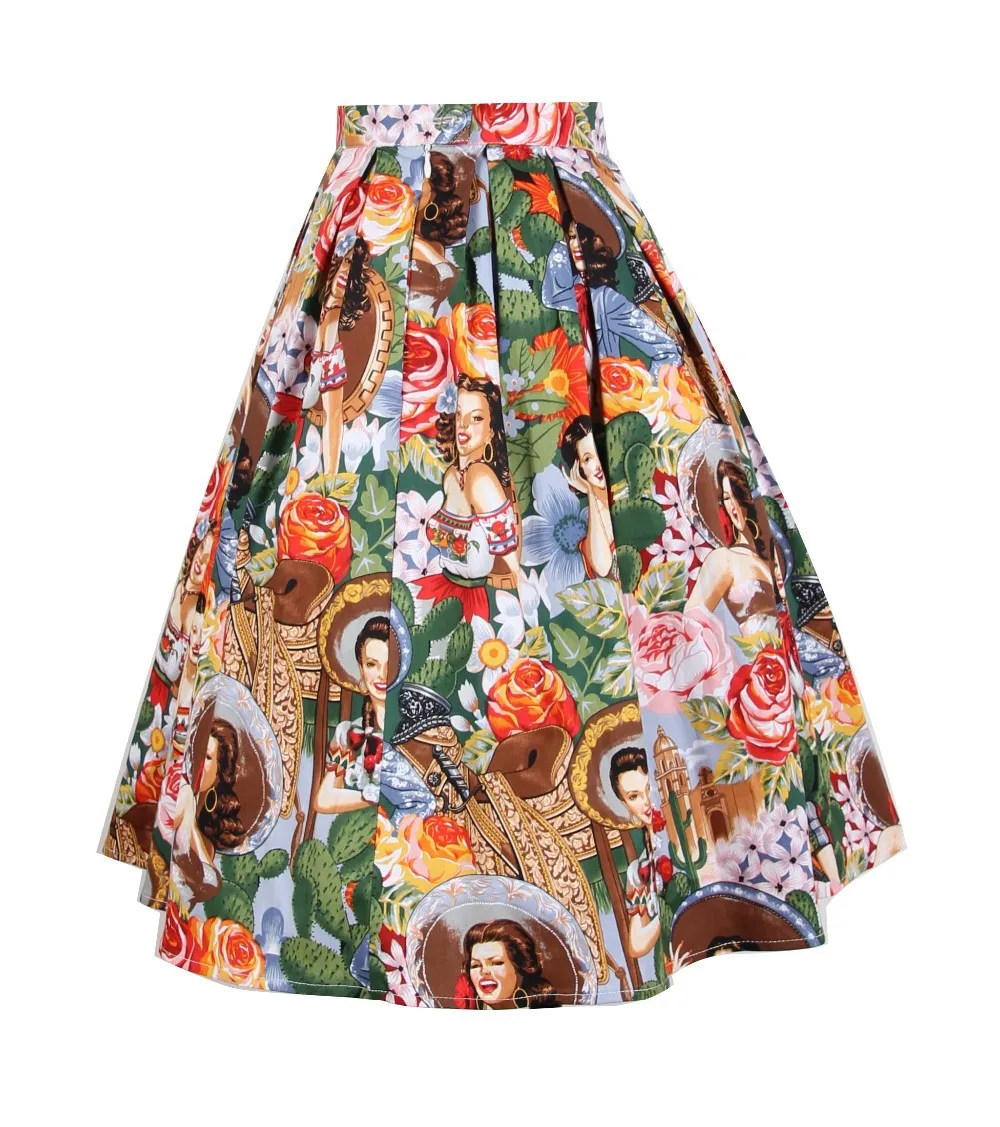 30-для женщин Ретро стиль 50-х, ретро maxican леди с высокой талией и принтом Плиссированное воздушное юбка миди плюс размер 4xl рокабилли пинап faldas saias femininas