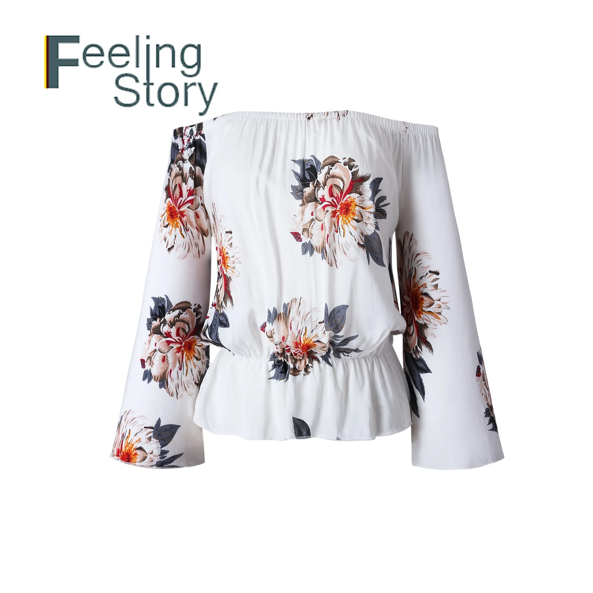 С длинными рукавами и цветочным принтом boho Топ Блузка сексуальная Slash шеи с плеча