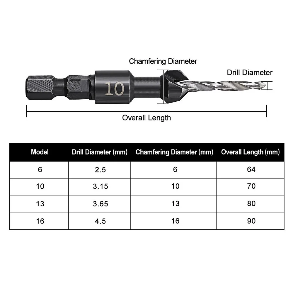 4 шт. сверла для зенковки, DRILLPRO деревообрабатывающая Зенковка фаска, с одним шестигранным гаечным ключом, 6, 10, 13, 16 мм