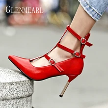 Brand Woman Pumps Summer Shoes High Heels Ankle Strap Gladiator Shoes Pointe Toe Sexy Women Wedding Shoes Buckle Red Plus Size siemo sexy women round toe high heels pumps platform cross strap ankle buckle stiletto wedding party dress shoes red size 4 15 5