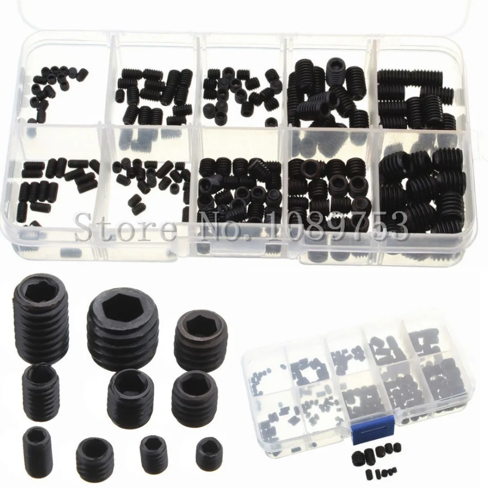 

200pcs/set Black Allen Head Socket Hex Set Grub Screw Cup Point Assortment Kit + Box