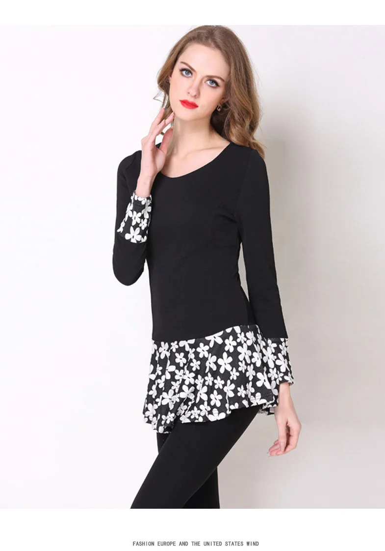 

2018 Autumn New Round Neck Knit Women's Commute Top S-5XL Large Size Lace Stitch Slim Long Sleeve Casual Ms. T-shirt Single Item