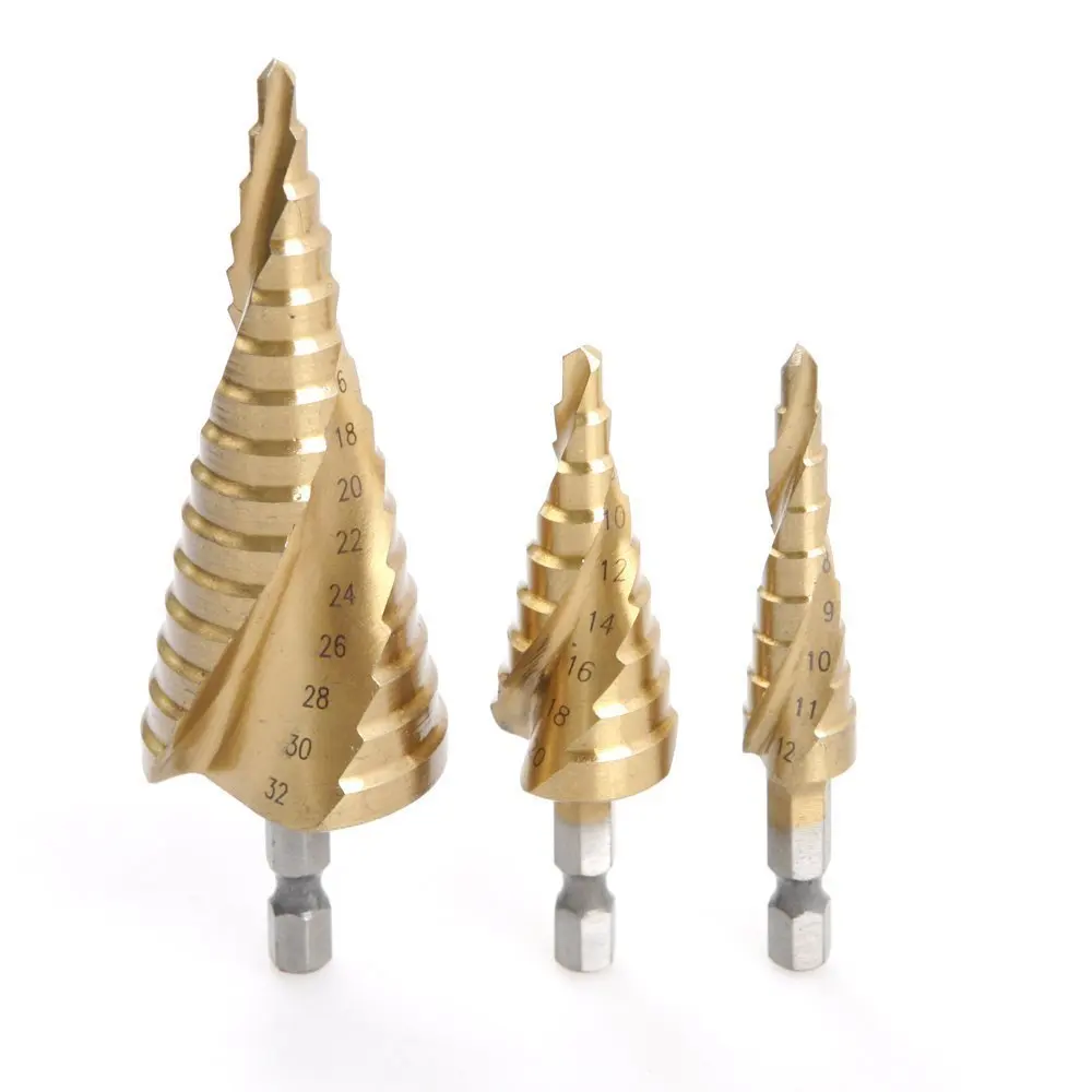

1/4"Hex Shank 4-12/20/32mm HSS4241 Titanium Coated Spiral Flute Step Drill Bit for Carbon Steel , 3 pics