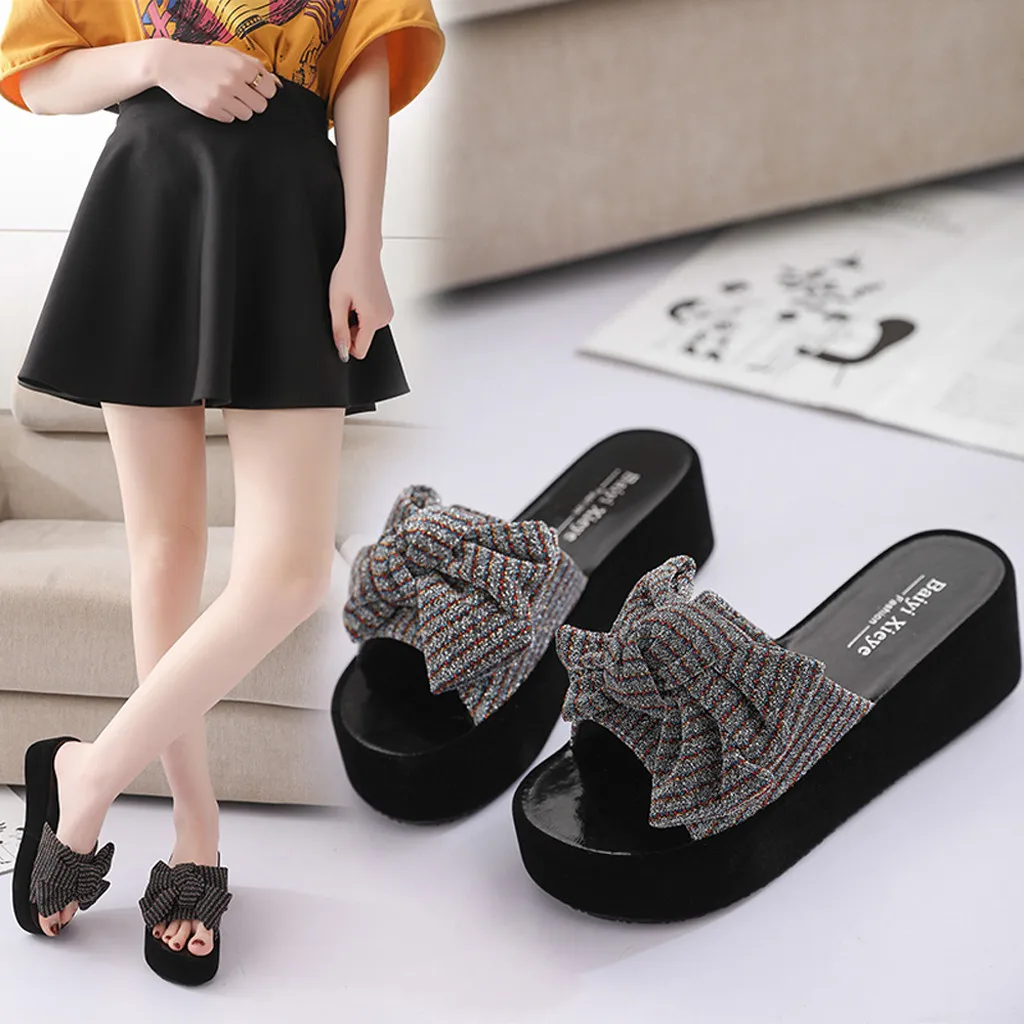 

Summer Women Flat Slippers Fashion Thick-Soled Wedge Sandals Bow Beach Shoes bathroom non-slip Indoor Outdoor Lazy Half Slipper