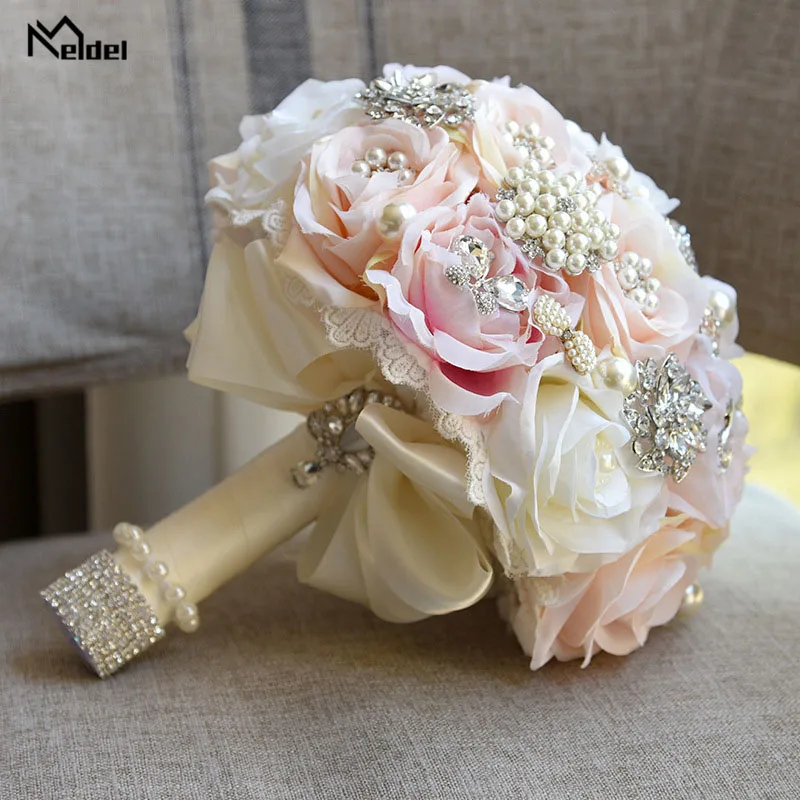 Meldel Bride Wedding Bouquet Bridesmaid Rose Posy Round Artificial Luxurious Silk Rose Bouquet Pink Crystal Pearl Wedding Flower