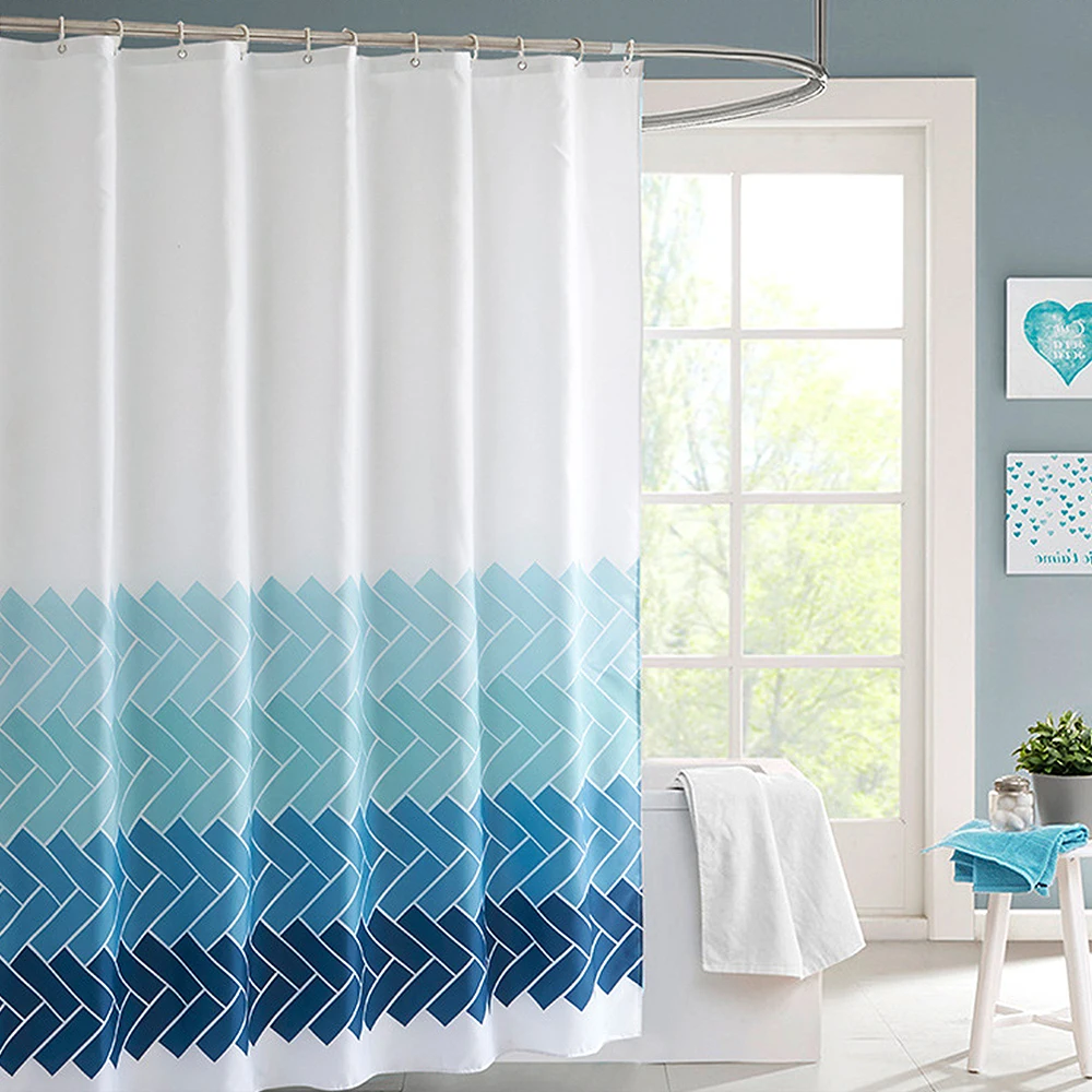 High Quality Waterproof Polyester Shower Curtain Fashion Model Blue Stripe Hotel Bathroom