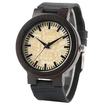 

Fashion Hand-made Yellow/Green Design Dark Brown Case Men's Wood Watches with Black Genuine Leather Watchband Reloj de madera