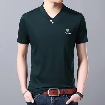 

2020 New Fashion Brand Tshirt Mens Black V Neck Summer Tops Street Style Trending Korean Cool Short Sleeve T-Shirt Mens Clothing