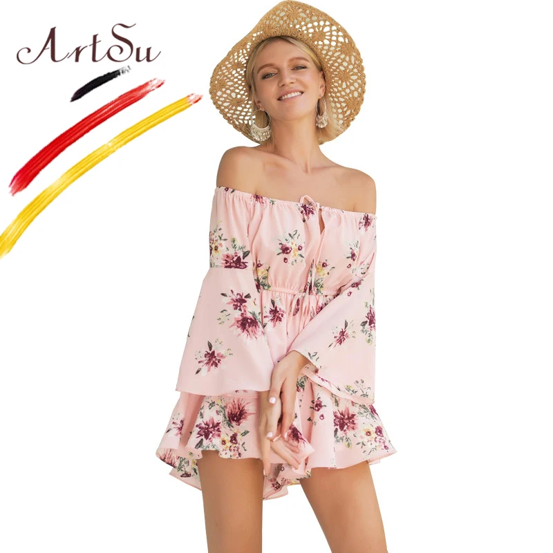 ArtSu Boho Цветочный Принт Короткие Комбинезоны женские с открытыми плечами