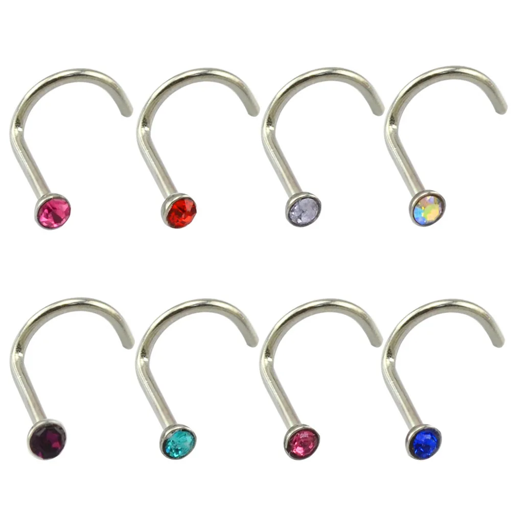stainless steel cured bar colored crystal nose ring body piercing studs